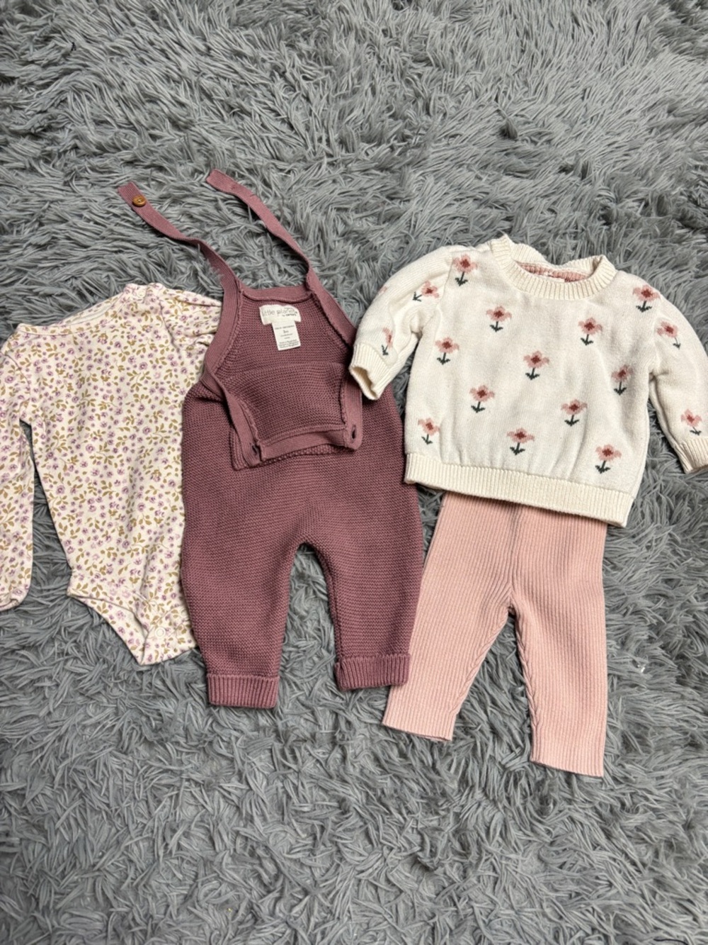 Baby Girls Mauve Knit Overall Set with Floral Sweater and Pink Leggings